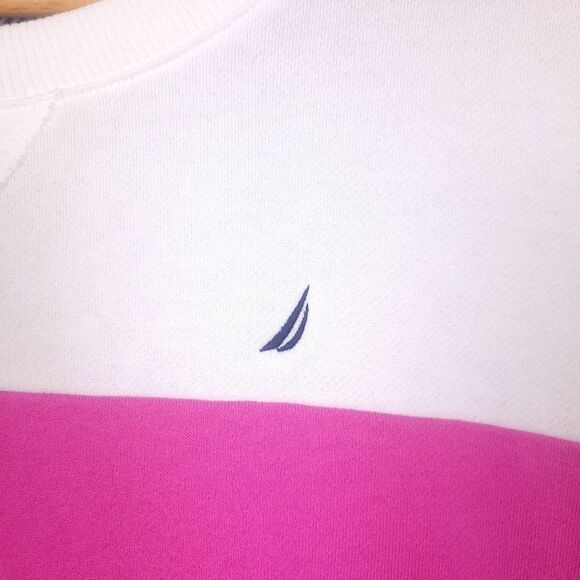 Nautica White Pink Navy Colorblock Lightweight Sweatshirt Size Medium - Picture 2 of 4